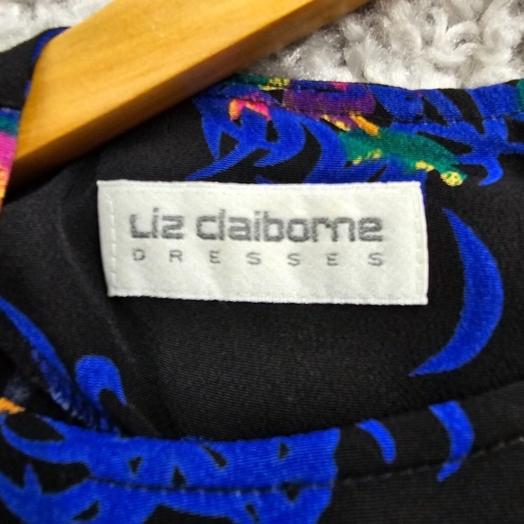 Liz Claiborne Dress Womens 6 Black Colorful Floral Rayon Mini Pleated 80s Retro - Picture 6 of 16